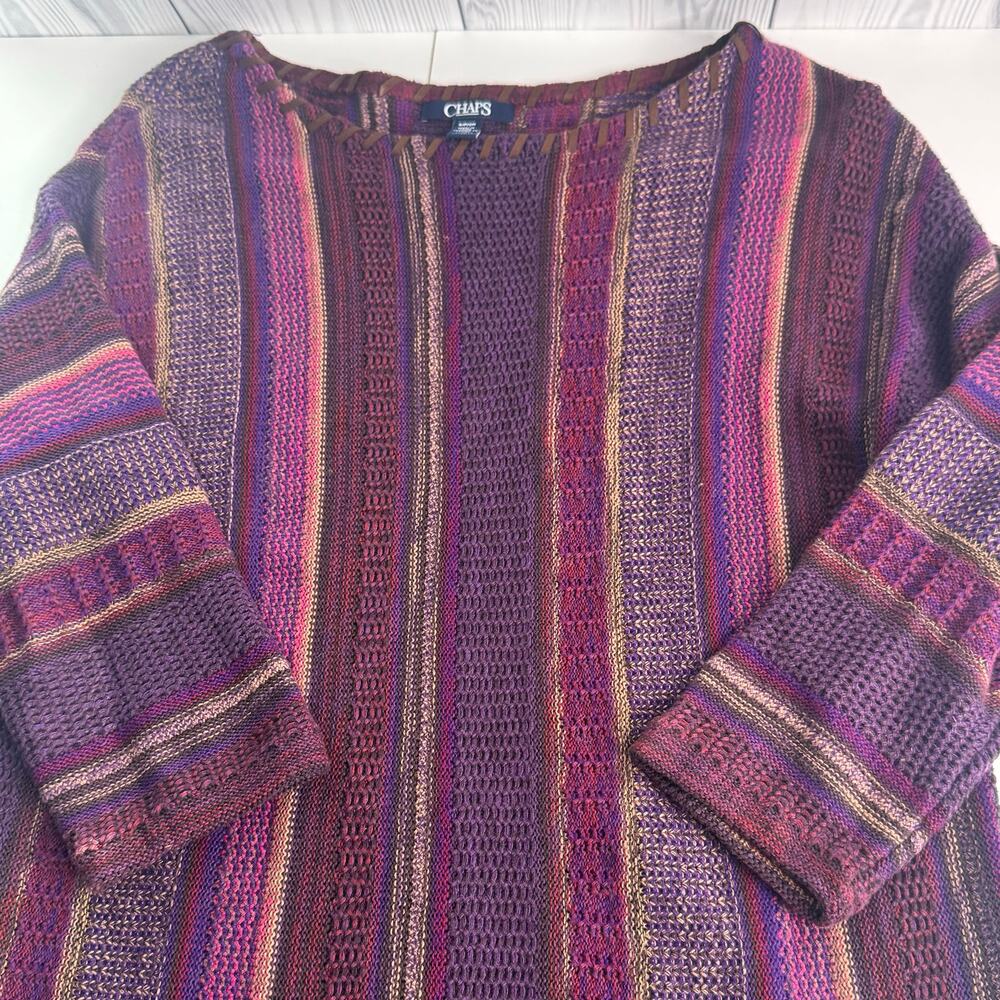 Y2K Striped Chaps Womens Boho Pullover Sweater S Purple Leather Detail Neckline